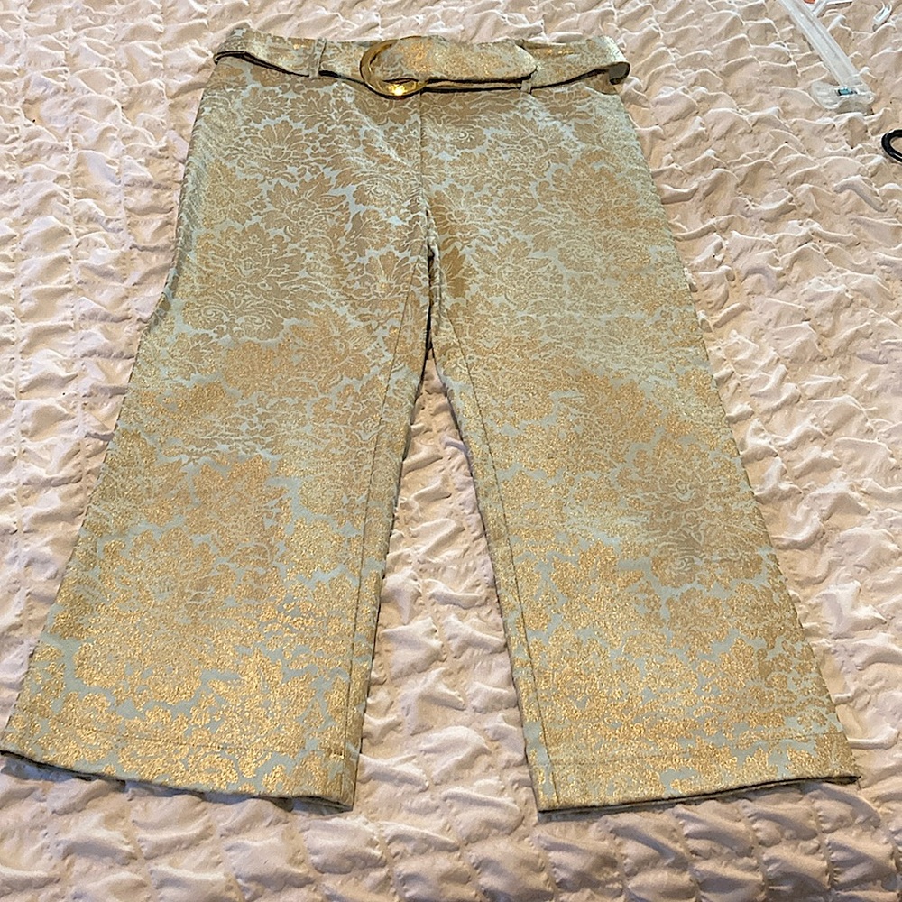 Mid-calf 90’s metallic spandex cropped pants, mid calf, relaxed fit, fabric belt